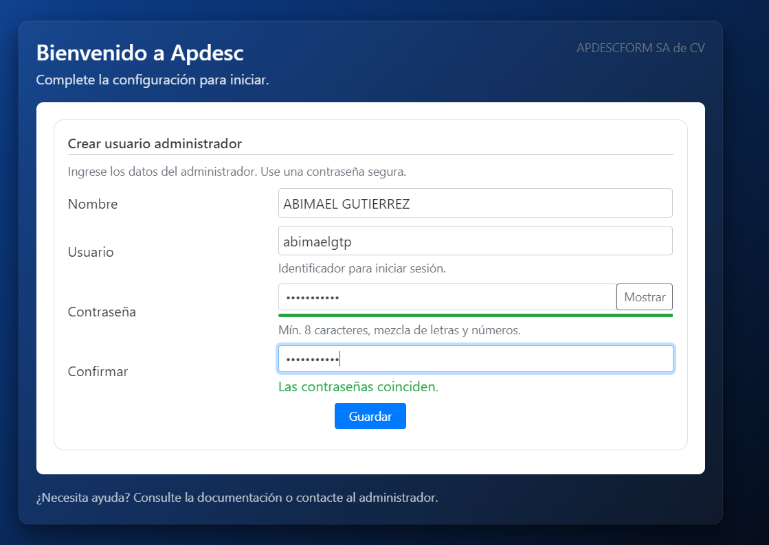 Pantalla de registro de usuario administrador