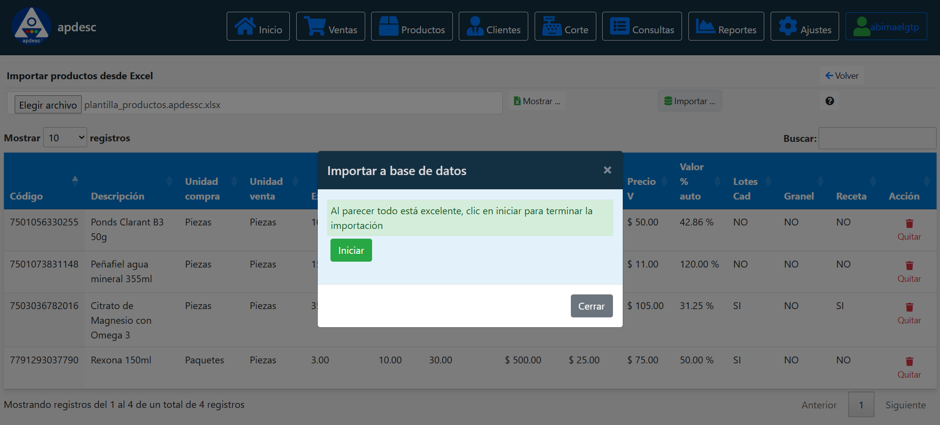 Confirmación de importación