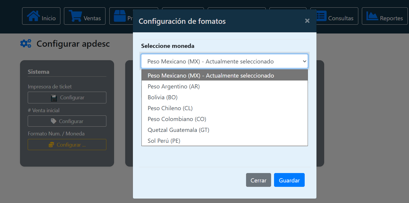 Configurar formatos de moneda y número