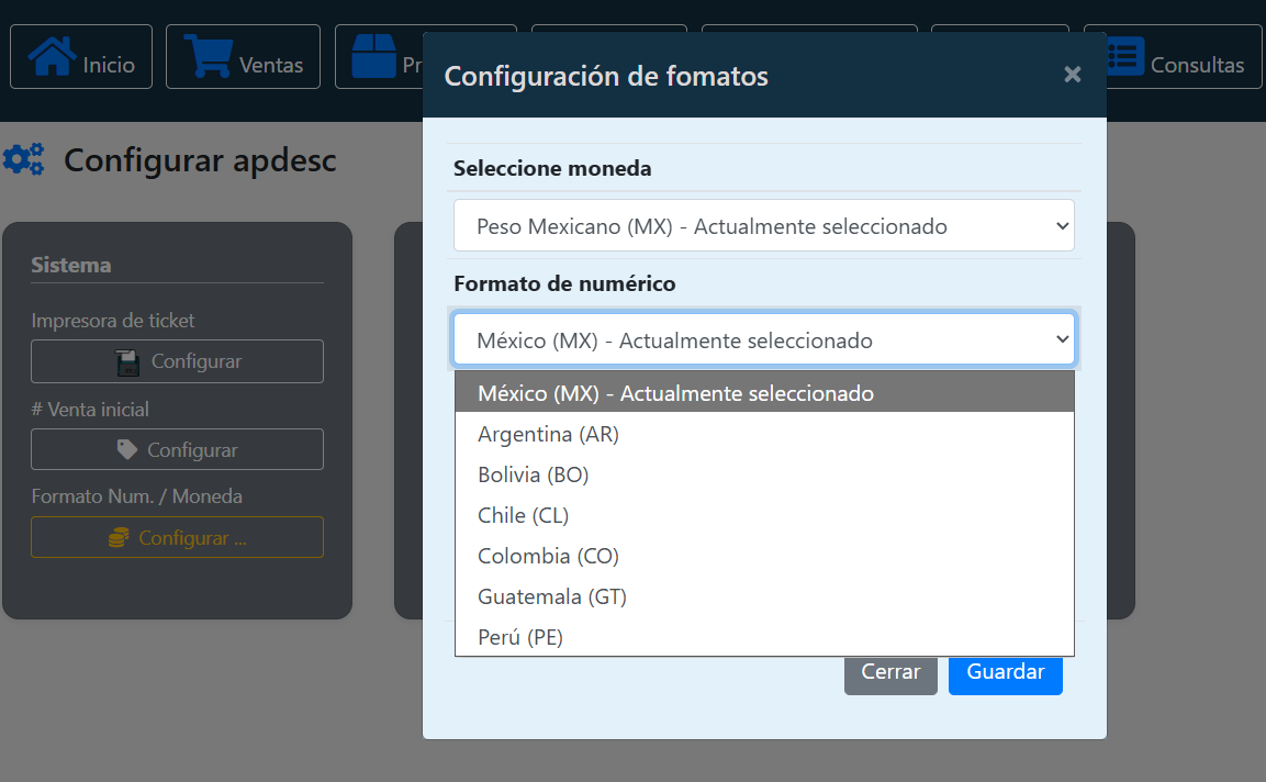 Configurar formatos de moneda y número