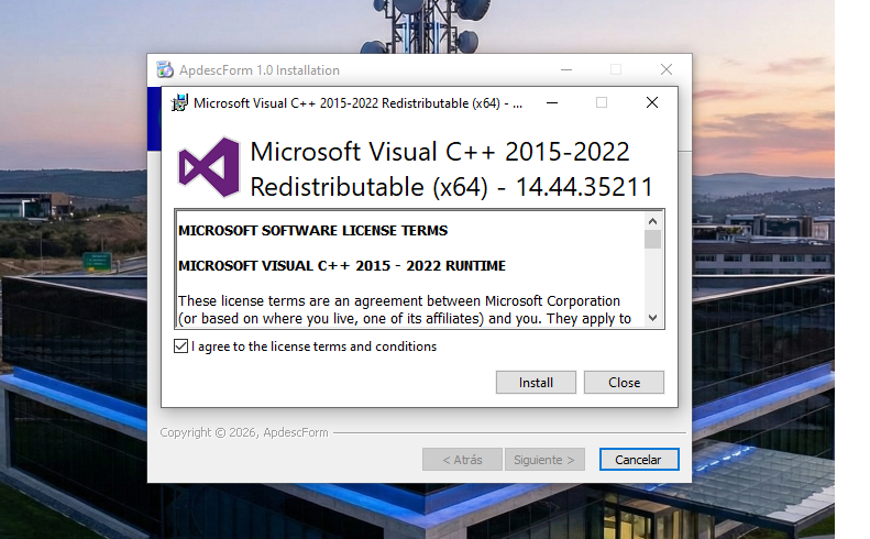 Apdesc form finaliza la instalación de Visual C++