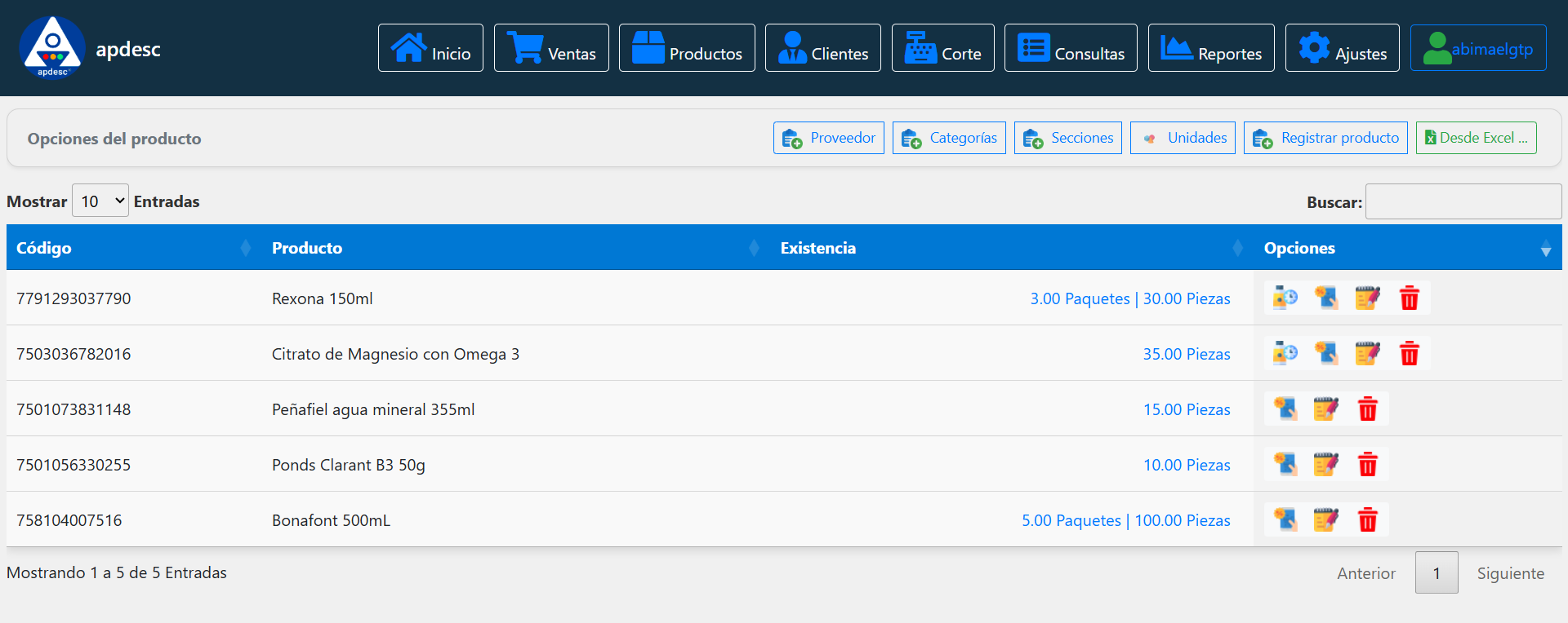 Lista de productos después de la importación