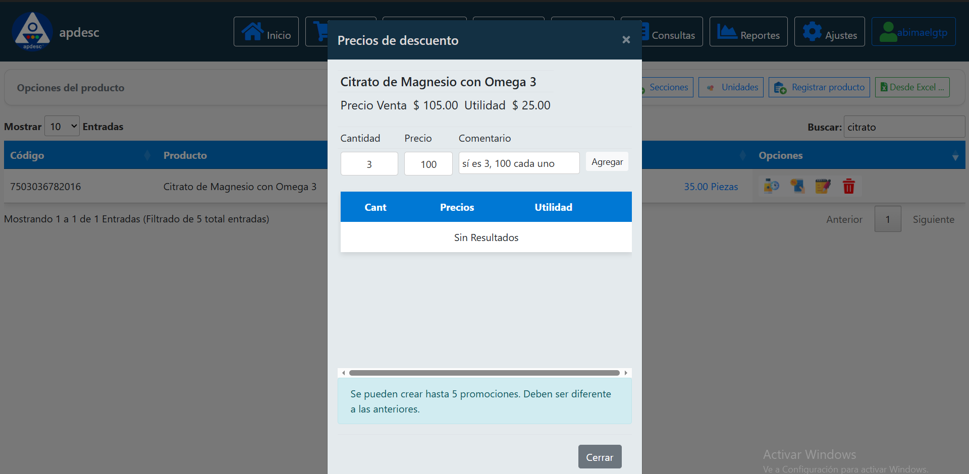 Opciones de promociones