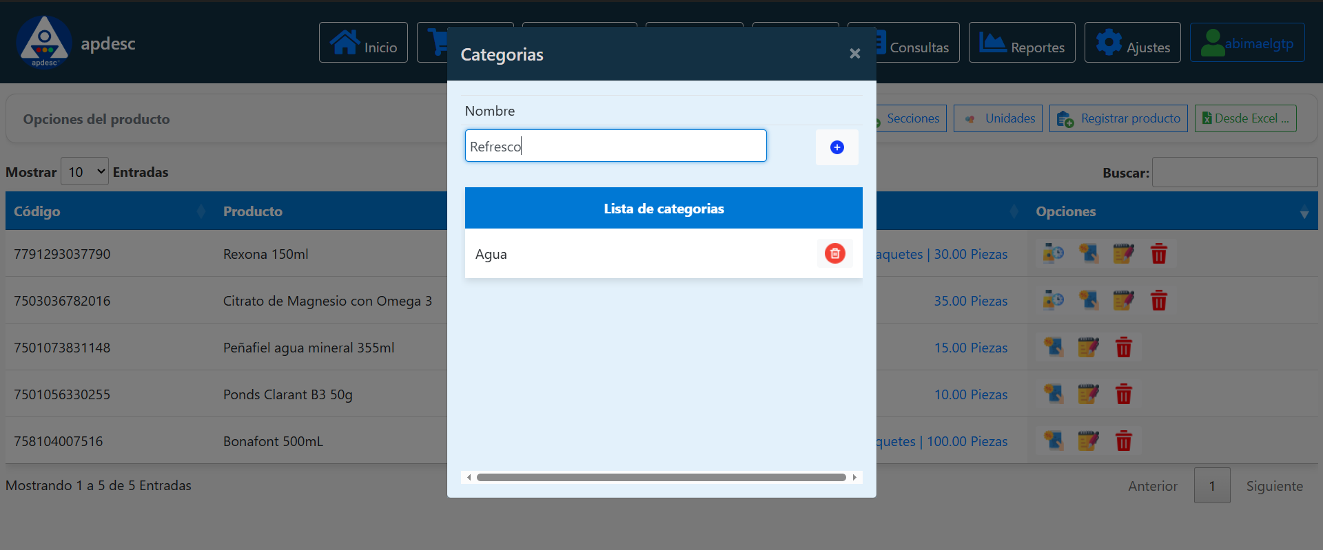 Sección de categorías