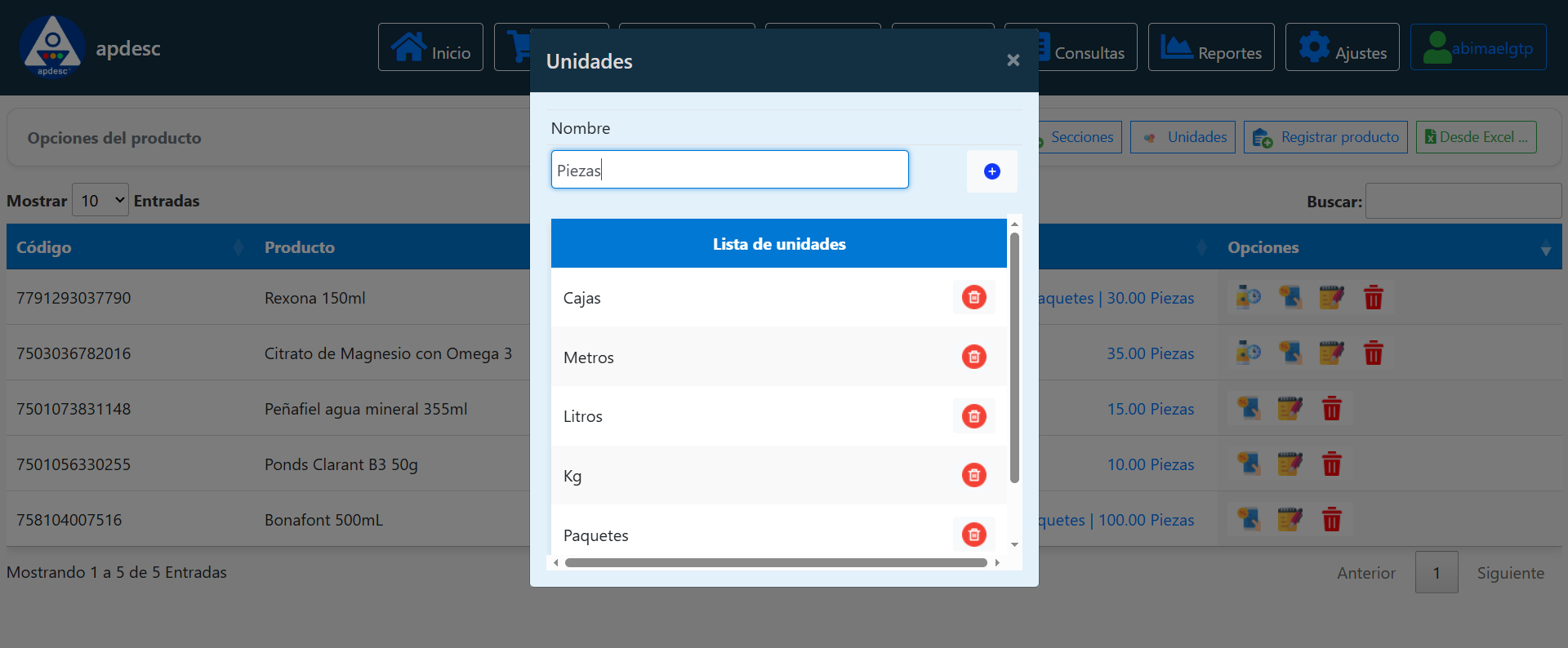 Sección de unidades