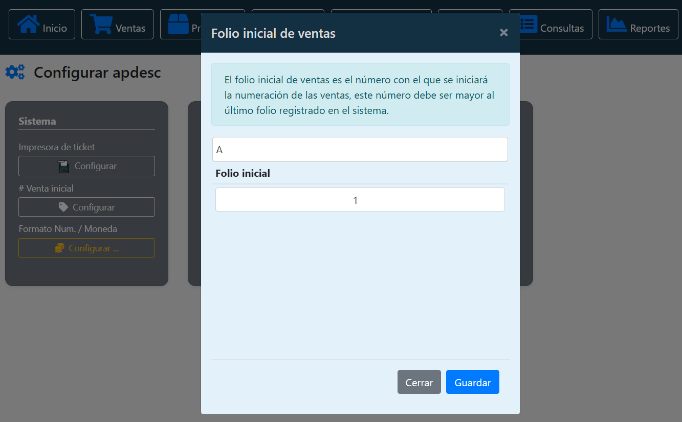 Configuración de venta inicial