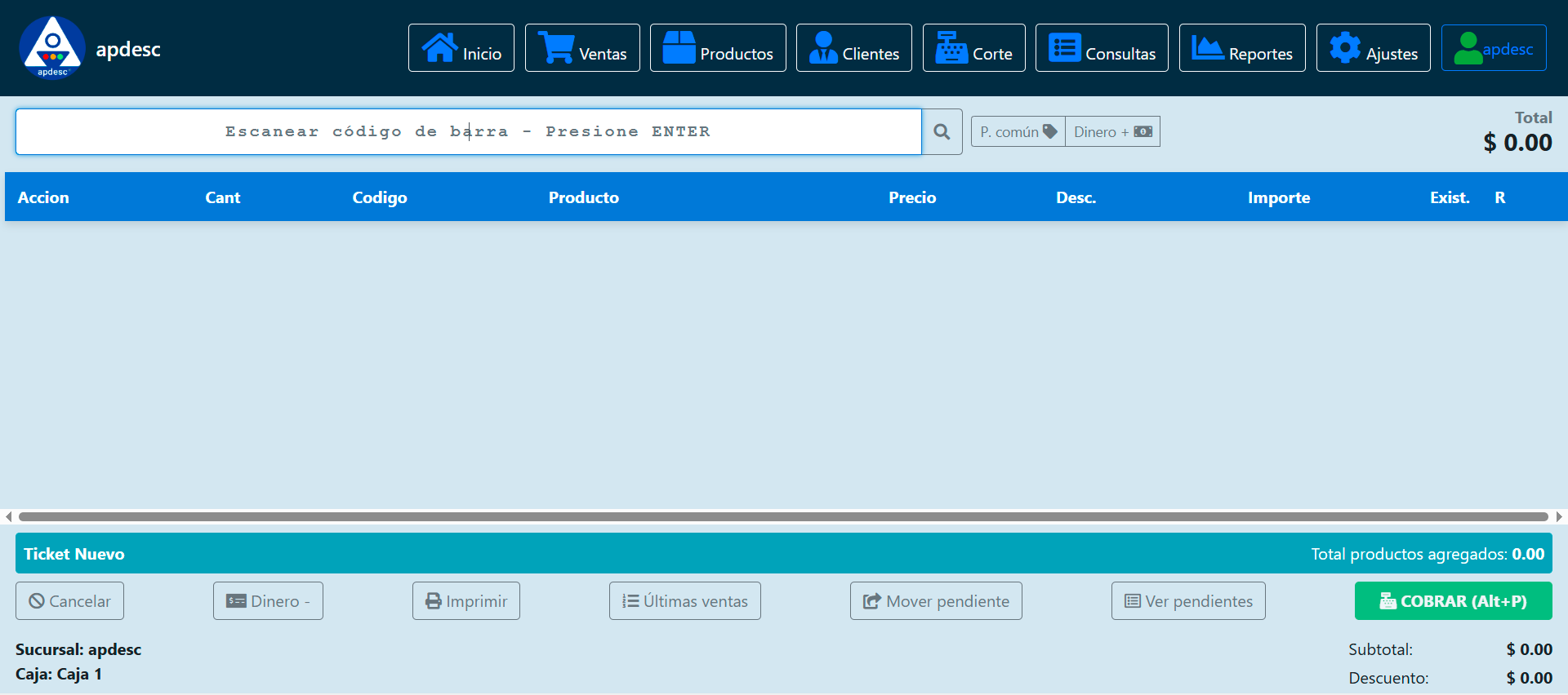 apdesc form mostrando la interfaz de ventas.